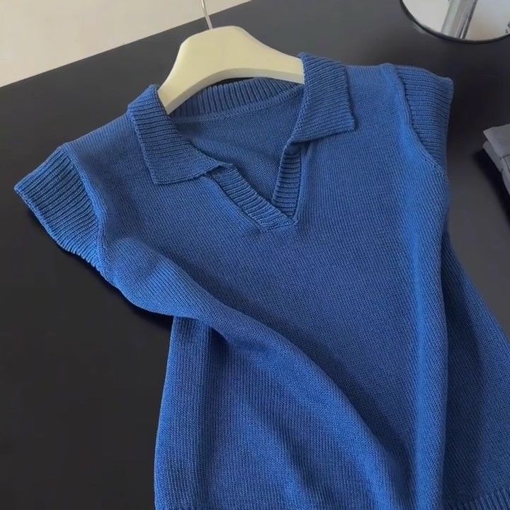 Летняя женская трикотажная футболка с воротником, топ с короткими рукавами