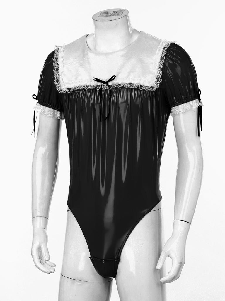 Мужской костюм для косплея Sissy Maid, комбинезон для трансвеститов, кружевная отделка, пышные рукава, купальник на молнии, боди из лакированной кожи