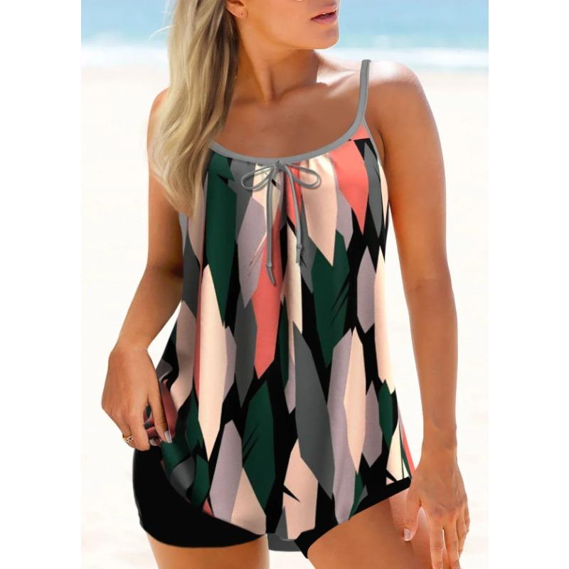 Summer Women's Color Block Printed Tank Top and Shorts Two-piece Swimsuit Design, Sexy Beach Set S-6XL