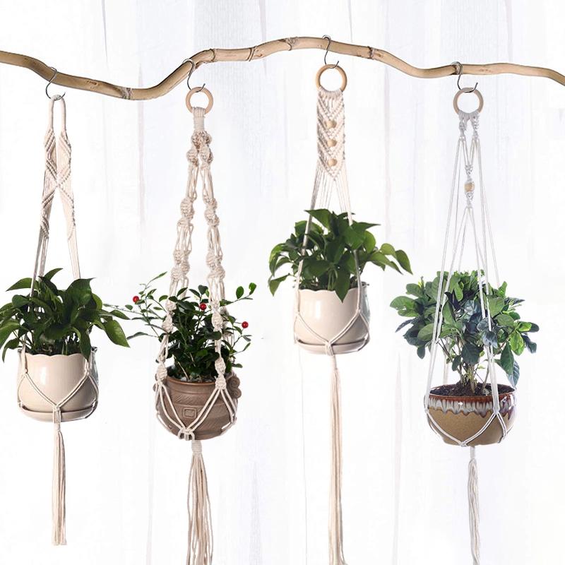 Macrame Hanging Baskets Woven Cotton Handmade Flower Basket Wall Plant Hanger Pot Indoor Bonsai Balcony Knotted Lifting Rope