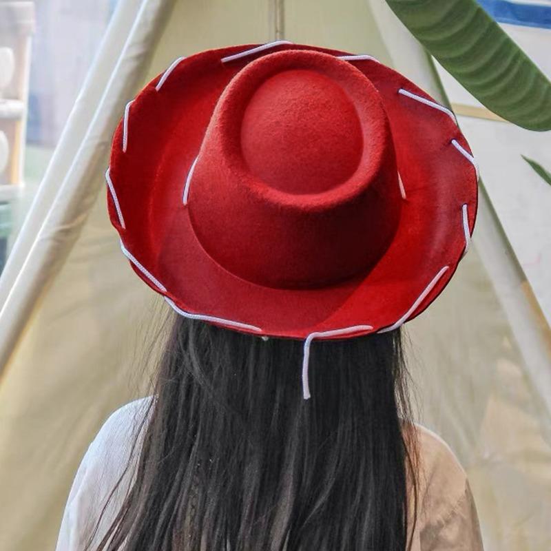 Adjustable Western Big Brimmed Cowboy Hat Brown Red Felt Woody Cap for Children Kids Halloween Costume Dress Party Accessories