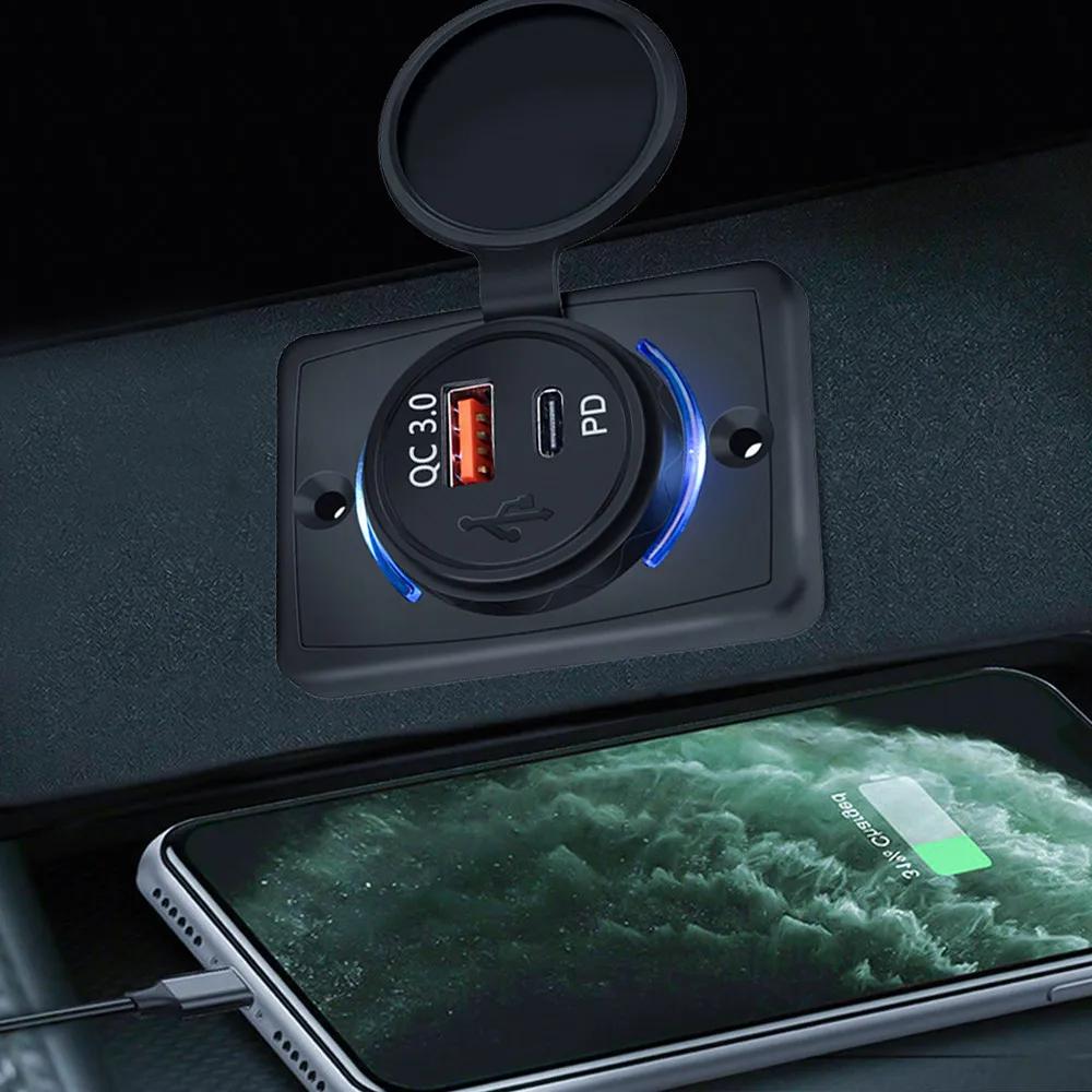 Водонепроницаемое зарядное устройство QC3.0 Type-C PD Dual USB со светодиодным индикатором для приборной панели лодки, автофургона, яхты, транспортного средства