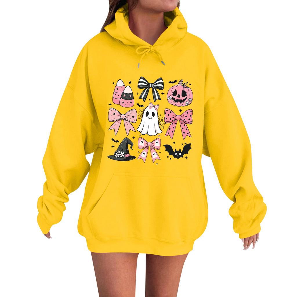 Женская повседневная модная удобная толстовка с круглым вырезом, капюшоном и длинными рукавами с принтом на Хэллоуин, теплая