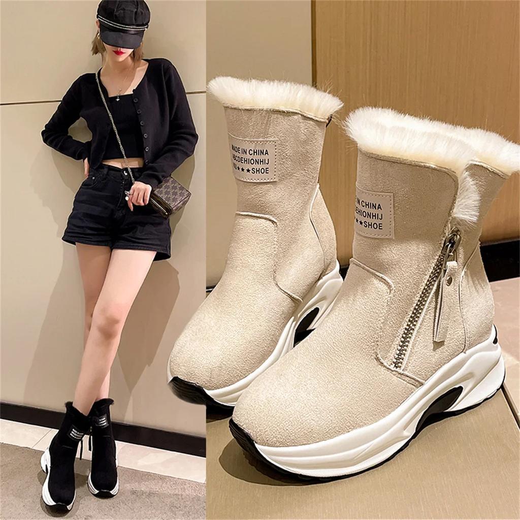 Fashion Women Ankle Boots Warm Plus Fleece Thick Sole Winter Women Snow Boots Fashion Side Zipper Wedge Outdoor Sneakers Botas Mujer