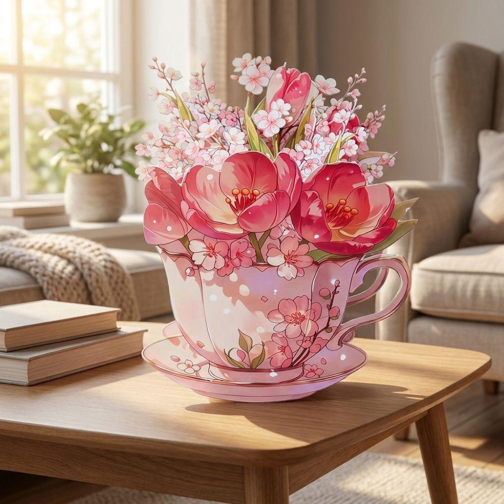 Paper Sculpture Flowers Teacup Greeting Card Surprise Gifts 3D Pop Up Bouquet Card Mother's Day