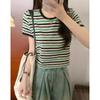 Green Striped Right Shoulder T-Shirt Women's Short Sleeve Spring and Summer Design American Retro Slim Contrast Color Inner Cropped Top