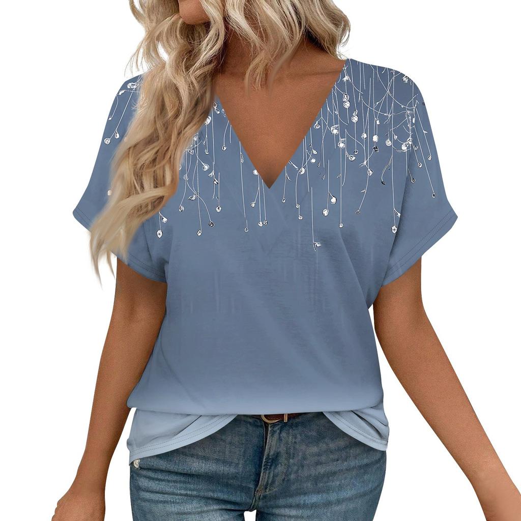 Women's Short Sleeve Shirts V Neck Print Tops Casual Tops Basic Tees Blouse Loose Tops