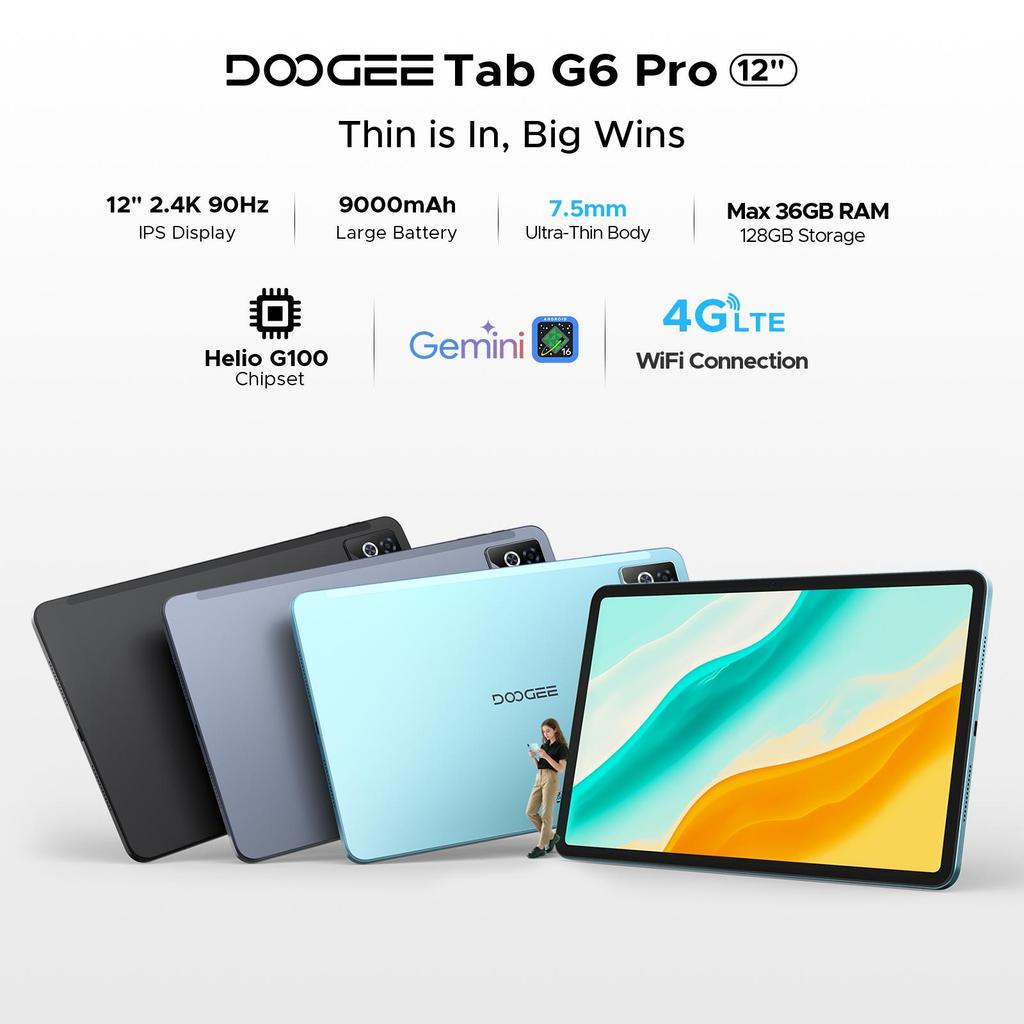 DOOGEE Tab G6 Pro 12 Inch 2.4K Tablet, Android 16 Tablet with Keyboard, 36GB+128GB/2TB, 9000mAh Battery, 4G LTE, Tablet with Pen, Mouse&Case