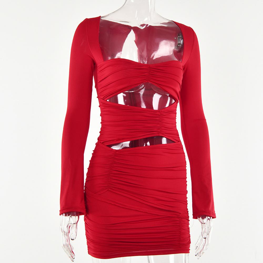 Женское осеннее элегантное вечернее платье для ночного клуба с длинным рукавом и вырезом, сексуальное мини-платье с рюшами