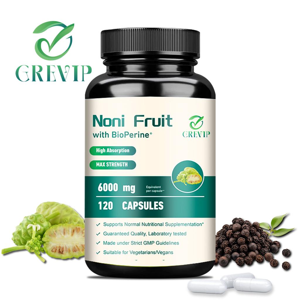 GREVIP Noni Fruit Extract Capsules, 6000 mg per serving, easily absorbed, suitable for adults.