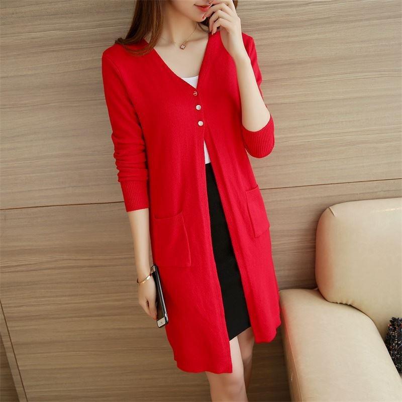 Весенне-осенний женский трикотаж в длинной части вязаного свитера Тонкая снаружи тонкая шаль Свитер с длинными рукавами Женский кардиган Куртка Tide