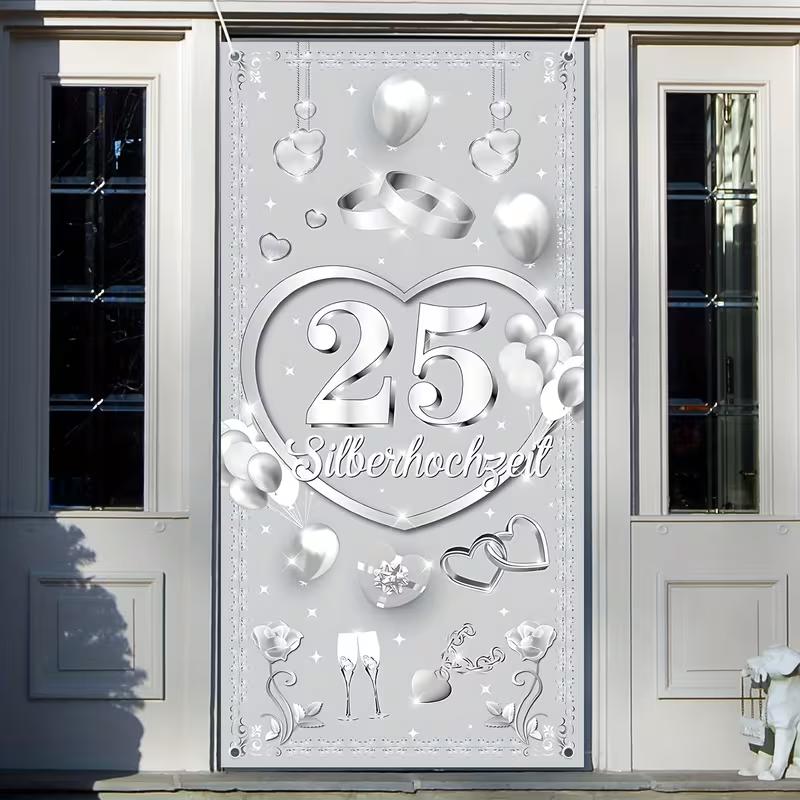 2D 25th Silver Wedding Backdrop, Hearts & Balloons Background
