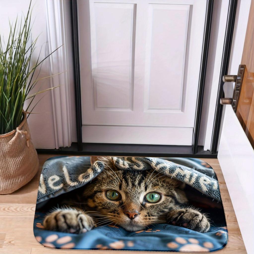 1Pcs Cat Peeking Under Mat with Paw Floor Mat Modern Kitchen Polyester Rug Non-Slip Colorful Indoor Carpet, For Home Bathroom Bedroom Living Room