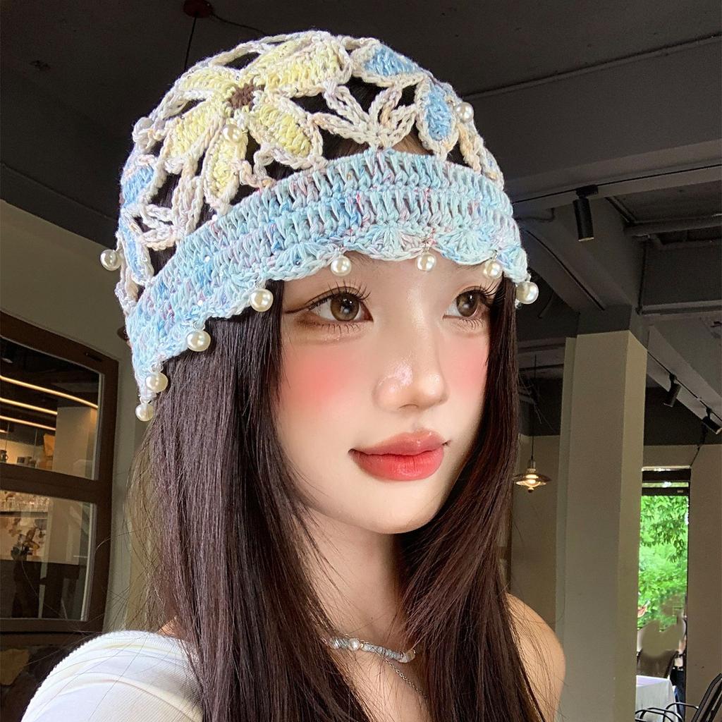 Retro Ethnic Style Pearl Pendant Knitted Hat Women'S Sweet Hollow Flower Pullover Hat Crochet Bag Head Hat