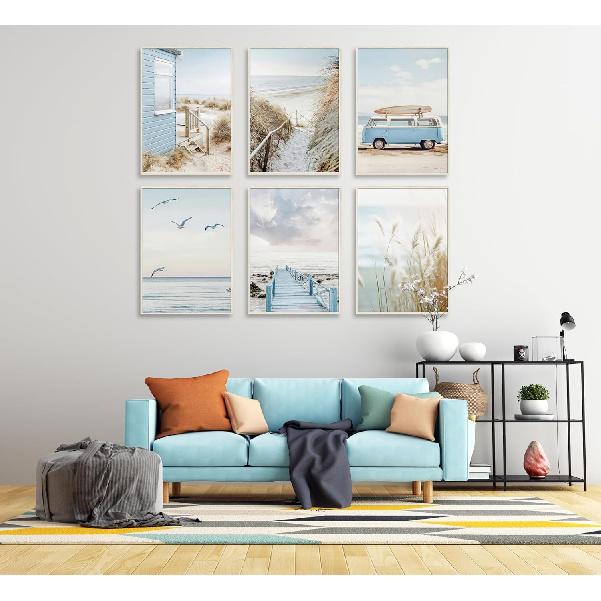 6Pcs Blue Coastal Beach Canvas Wall Art Summer Tropical Ocean Picture Wall Decor Nautical Surfboard Bus Posters Preppy Beach Painting Prints Artwork