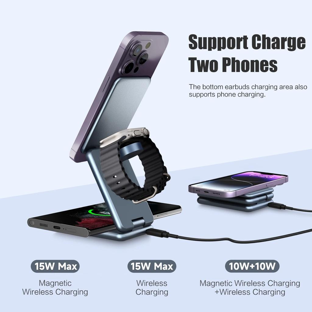 15W Magnetic Wireless Charger Stand For Apple Samsung Galaxy Watch iPhone 14 13 12 Pro Max 3 In 1 Foldable Fast Charging Station