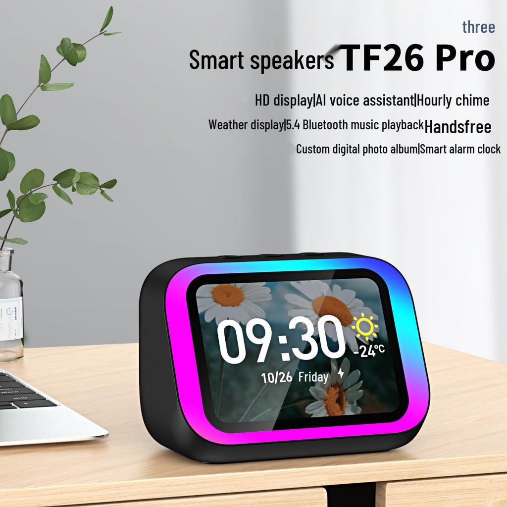AI Voice Speaker with Hands-free Calling, Music Playback, Photo Album, Time Reporting, Weather Forecast, and Smart Alarm Clock
