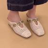 Fashion Soft Leather Simple Wedge Heel Cool Mopping Summer New Square Toe Shallow Mouth Woven Cutout Metal Buckle Wear Wrapped Slippers