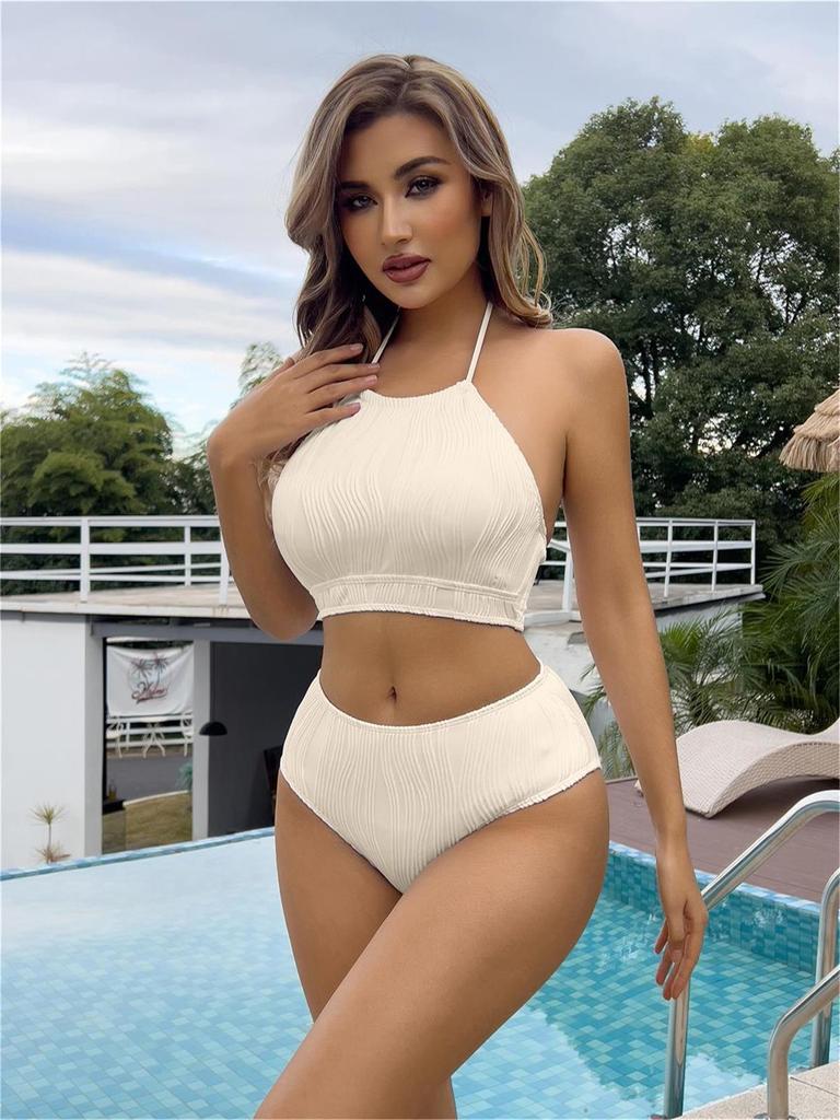 2024 European & American Solid Color High Waist Split Bikini Swimsuit for Women
