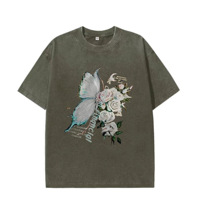 Плюс размер летние мужские и женские с одинаковым принтом бабочек, стираные футболки с короткими рукавами, футболки с короткими рукавами, футболки с логотипом Foreign Trade