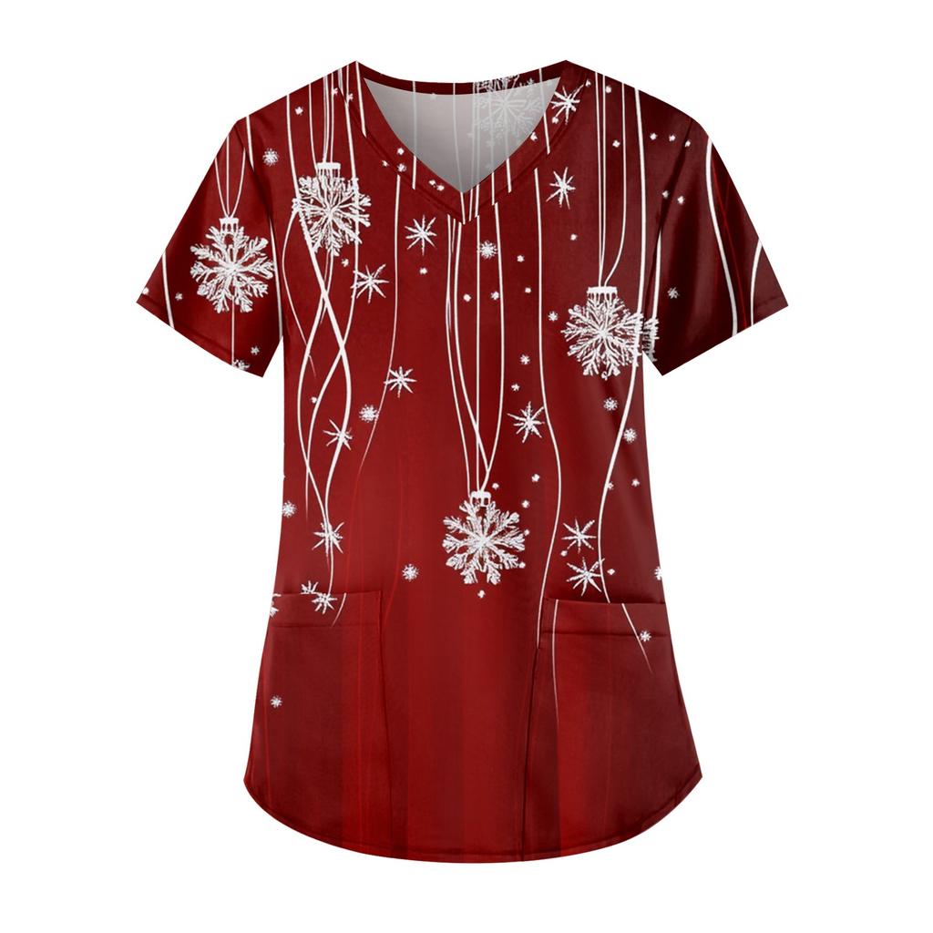 Women's Fashion V-Neck Short Sleeve Workwear With Pocket Christmas Printed Top