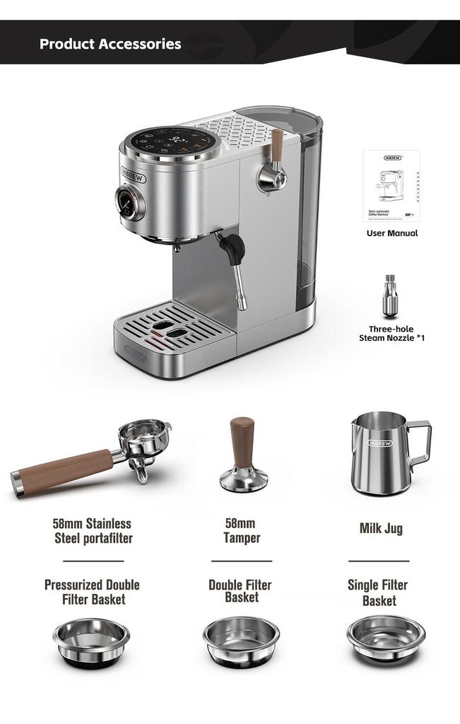 HiBREW H13 Semi-automatic Coffee Machine, Dual Boiler System with 20-Bar Pump Pressure, Multi-function Brewing Modes, Adjustable Drip Tray