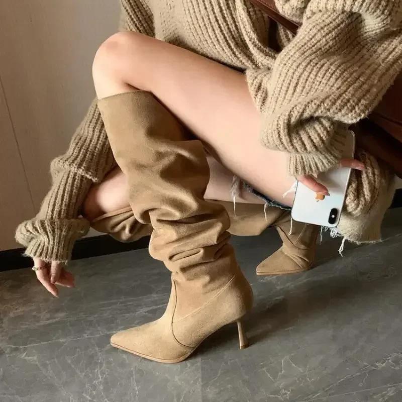 Pleated Faux Suede Knee-High Boots Women Pointed Toe Slip-On Western Cowboy Boots Woman 2025 Autumn Thin Heels Long Botas Mujer