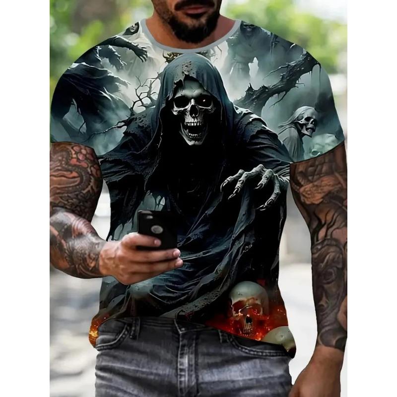 Мужская панк-футболка с 3D-принтом черепа, летняя модная уличная футболка с графикой черепа, с коротким рукавом, топ, мужская одежда