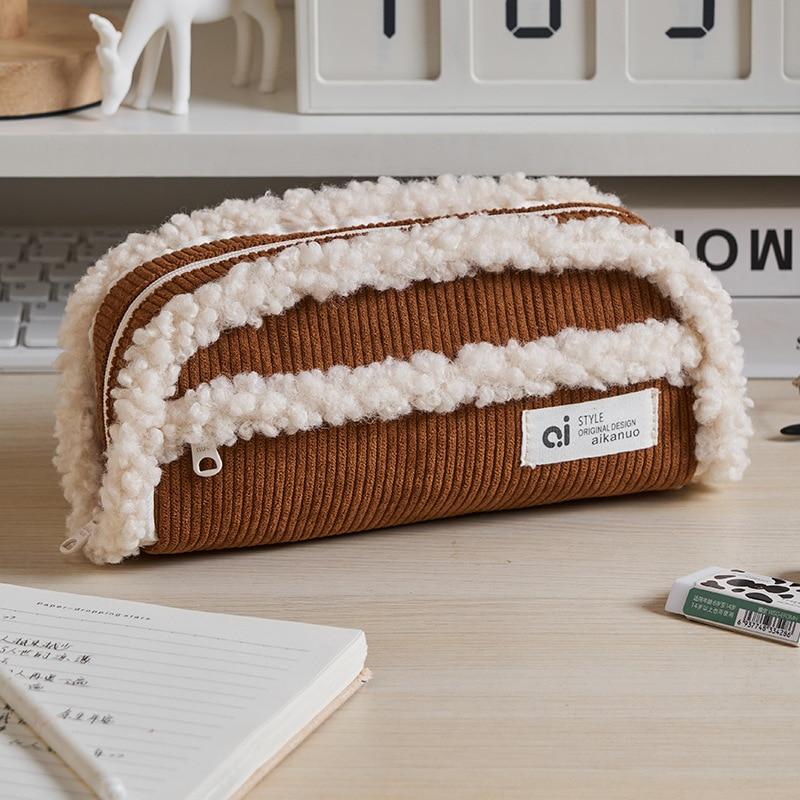 Creative Pencil Case Winter Fashion Simplicity Solid Color Wool Corduroy Pencil Bag High Capacity Stationery Storage Bag Student