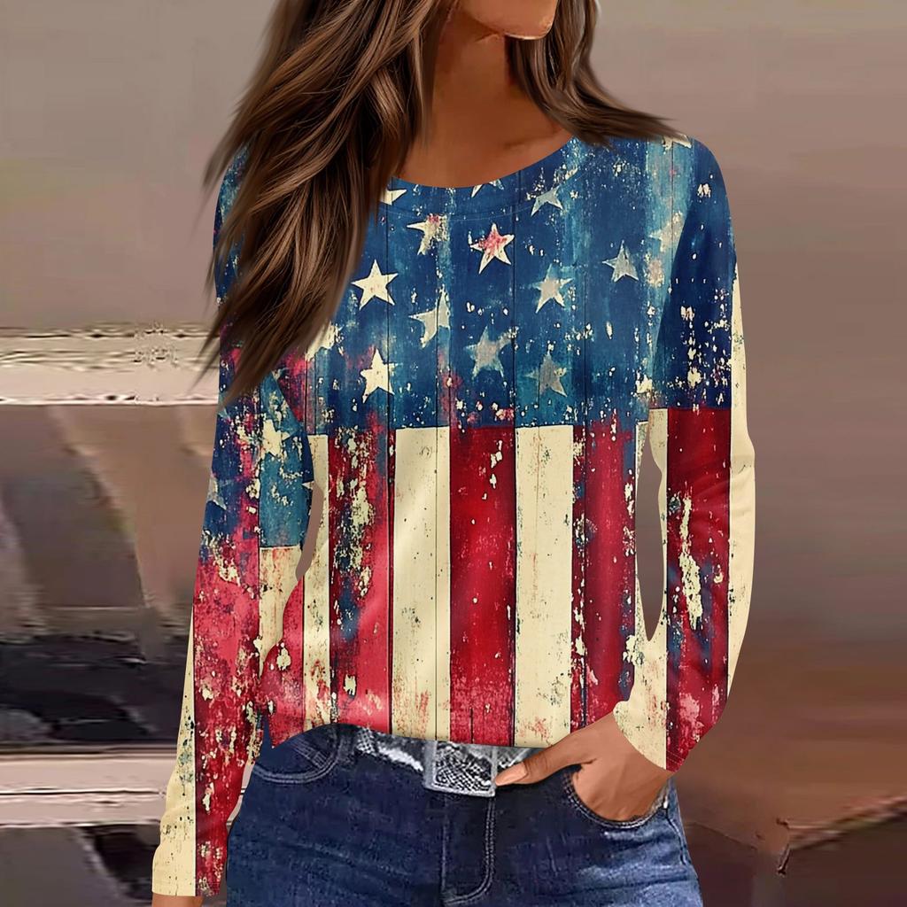 Women's Fashion Slit Hem Independence Day Printed Round Neck Long Sleeve Top