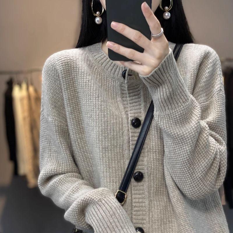 Кардиган, свитер, осень 2023, кардиган с круглым вырезом, пальто, женский однотонный свитер с длинными рукавами, универсальный корейский свитер с накладками, женский