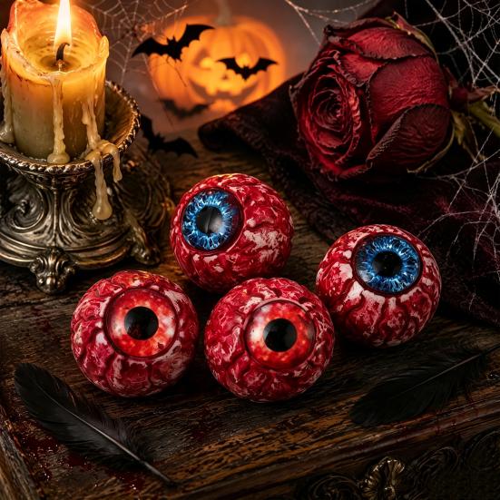 Spooky Scene Setter Props Halloween Hanging Eyeballs Decoration, 4 Pcs Scary Realistic Fake Blood Eyes in Gory Table Decorations Net Bag for