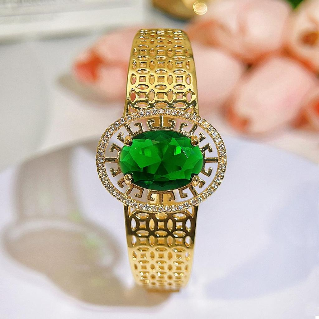 CMM Retro Palace Handmade Hollow Italian Brushed Metal Natural Green Zircon Light Luxury Wide Bracelet Bangle Hand Accessories