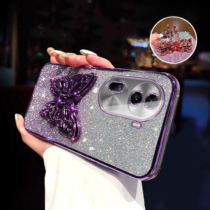 3D Butterfly Phone Holder Crystal Bracelet Glitter Plating Case for OPPO Reno 11 10 8 7 Pro 4G 5G Cover