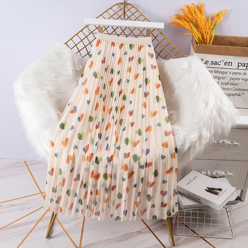 Женская тюлевая юбка с милым принтом Love, элегантная летняя женская эластичная сетчатая плиссированная юбка с высокой талией, модная юбка-миди