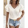 Women's Summer Knit Polyester Top, Solid Color, Diamond Jacquard, Double Layer Design, Bubble Sleeve, Short Sleeve Shirt