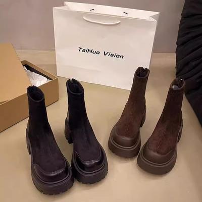 Женские тонкие ботинки на платформе, женские новые осенне-зимние универсальные короткие ботинки, универсальные ботинки Мартин на толстой подошве средней высоты, тренд