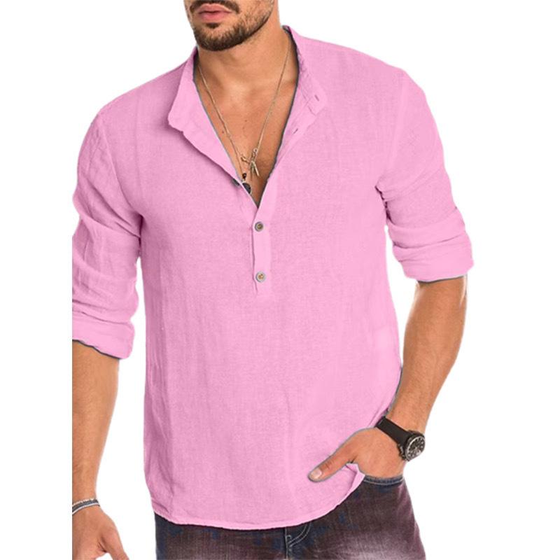 Spring Summer Men's Shirts Long Sleeve Loose Solid Color Cotton Linen Shirt Oversized Pull-up Sleeve Tops