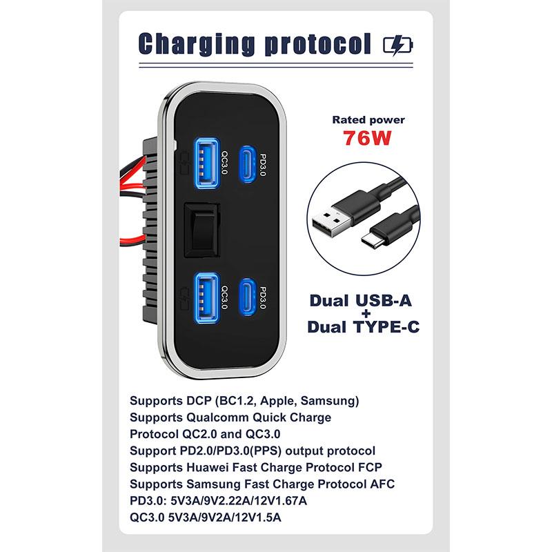 4 порта 12 В RV USB-розетка 76 Вт двойная PD3.0 Type-C быстрая зарядка и QC3.0 панельный настенный зарядный адаптер для морского автобуса квадроцикла грузовика