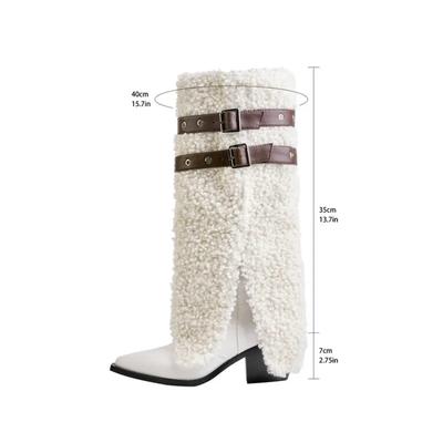 Модные новые пряжки для ремня Персонализированный дизайн Плюшевые ботинки Европейская американская мода Черно-белые Острые ботинки Сексуальные женские ботинки Размер 43