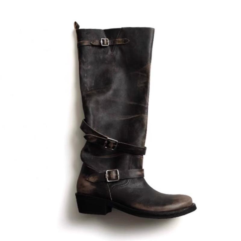 Версия из коровьей кожи~ ретро старые полированные сапоги длинные сапоги на толстой подошве с пряжкой ремня плиссированные сапоги со сборками нишевые сапоги рыцаря