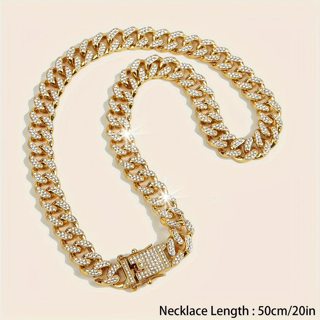 Iced Out Shiny Rhinestone Cuban Chain Necklace/Bracelet Bling Bling Zinc Alloy Jewelry