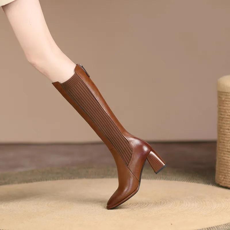 Knee High Boots Women Winter Warm Handmade High Quality Split Cow Leather Zip Brown Black Block High Heels Long Boot Shoes
