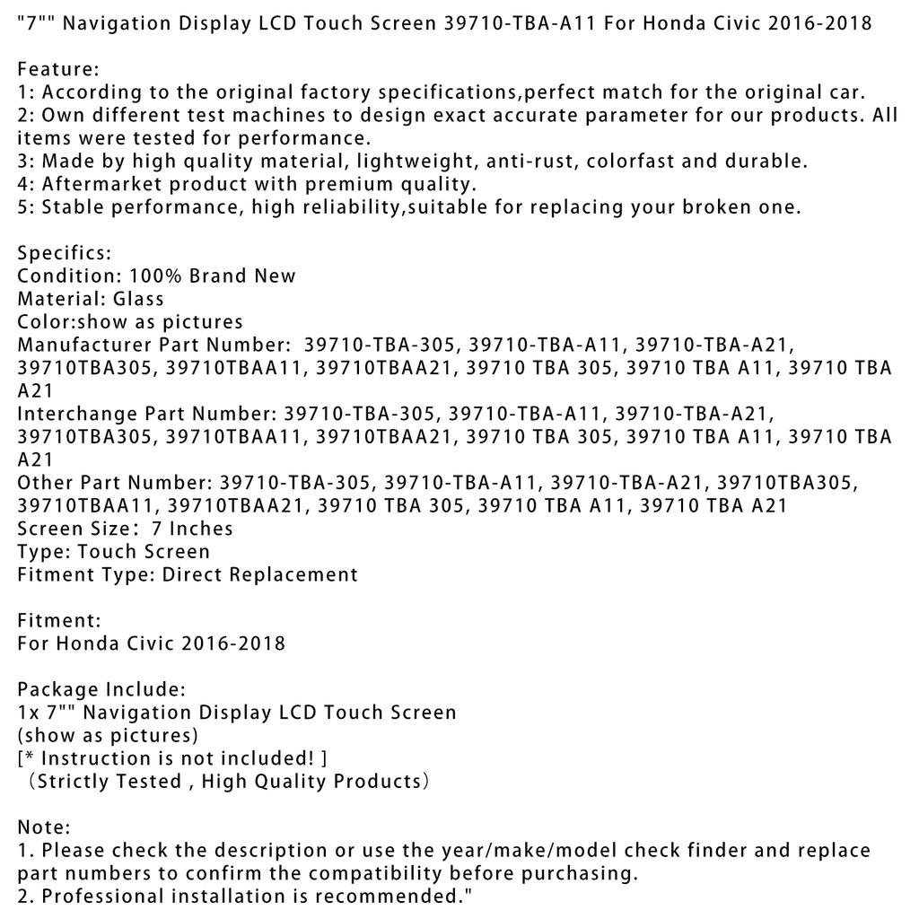 7" навигационный дисплей ЖК-сенсорный экран 39710-TBA-A11 для Honda Civic 2016-2018