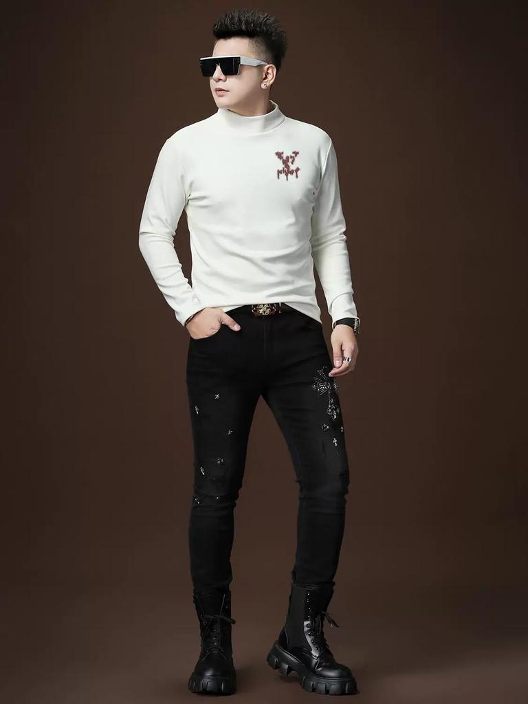 European Style Men's Half-Turtleneck Sweatshirt, Autumn and Winter Fleece-Lined Base Layer, Trendy Brand Print, Warm Inner Wear for Men