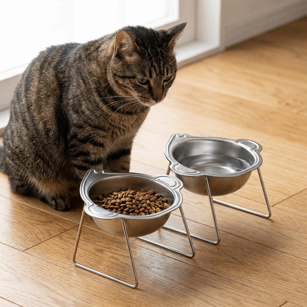 15 Degree Inclined Raised Cat Bowls Stainless Steel Pet Feeder Container  Kitten/Puppy/Bunny