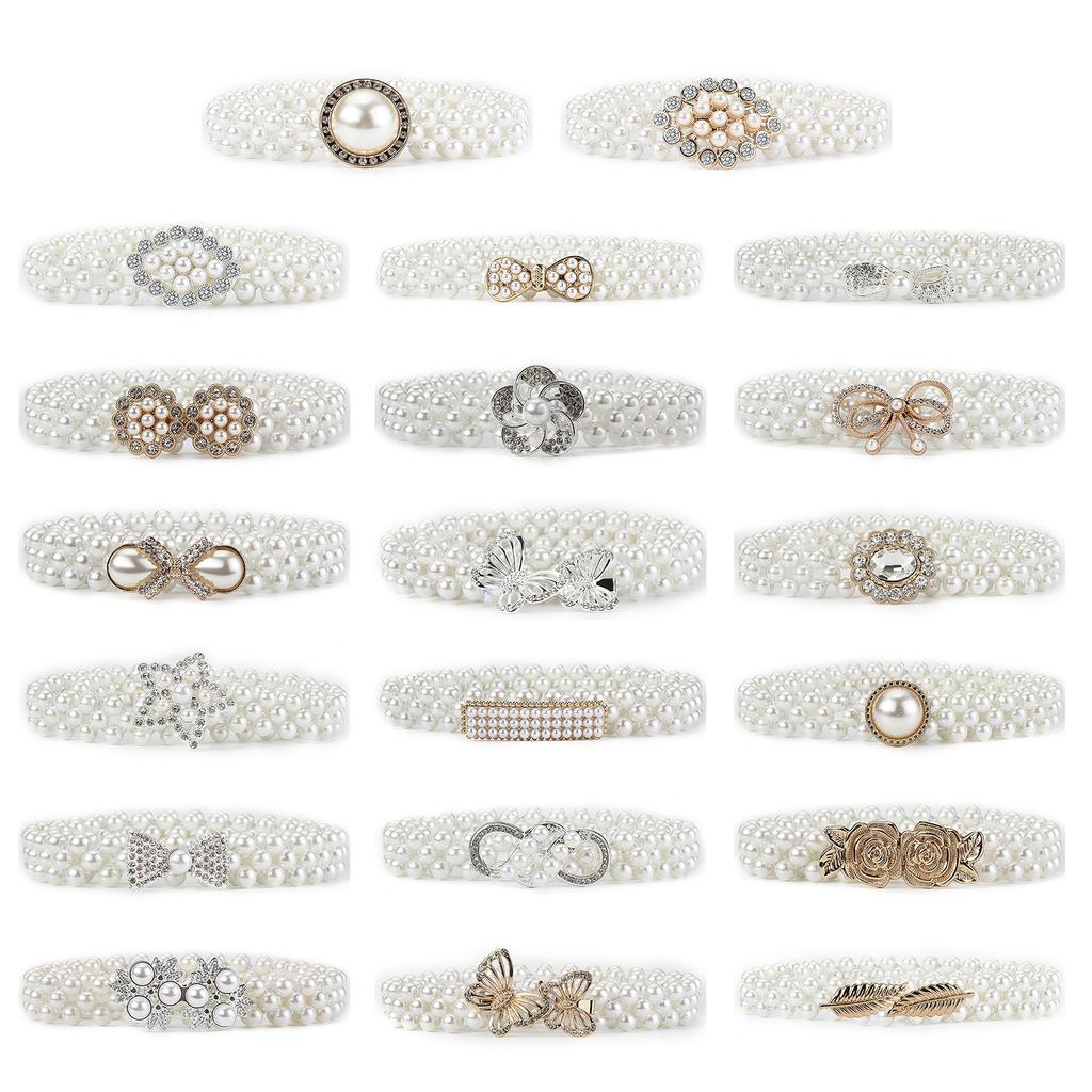 Elegant Adjustable Waist Accessory Elegant Pearls Waist Belt with Rhinestones Accent Stylish Waistband Adornment