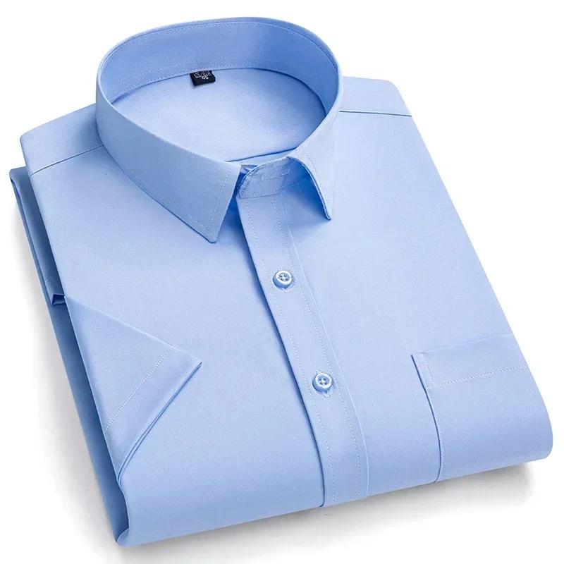 Летняя мужская рубашка Не требует глажки Антискладки Business Casual Однотонная Эластичная Гладкая С коротким рукавом Для работы Социальная