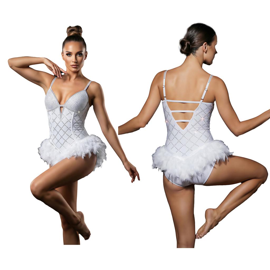 Women‘s Shiny Feather Rhinestone Leotard Deep V Cut Adjustable Spaghetti Straps Open Strappy Back Bodysuit for Club Dance Birthday Party