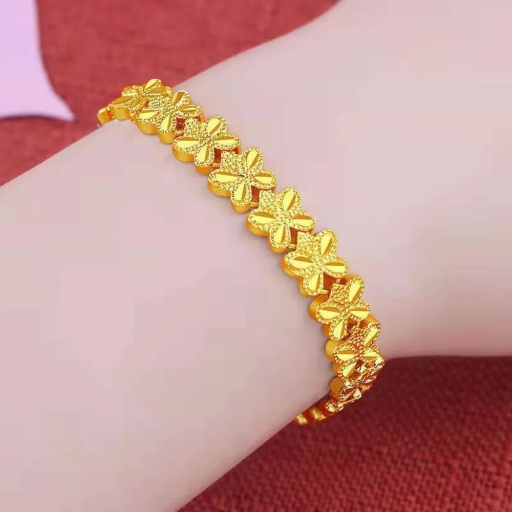 Delicate Love Heart Golden Bracelet Alloy Flower Hollow Bracelet Ornaments Hand Chain Chinese Style Bangles Ladies